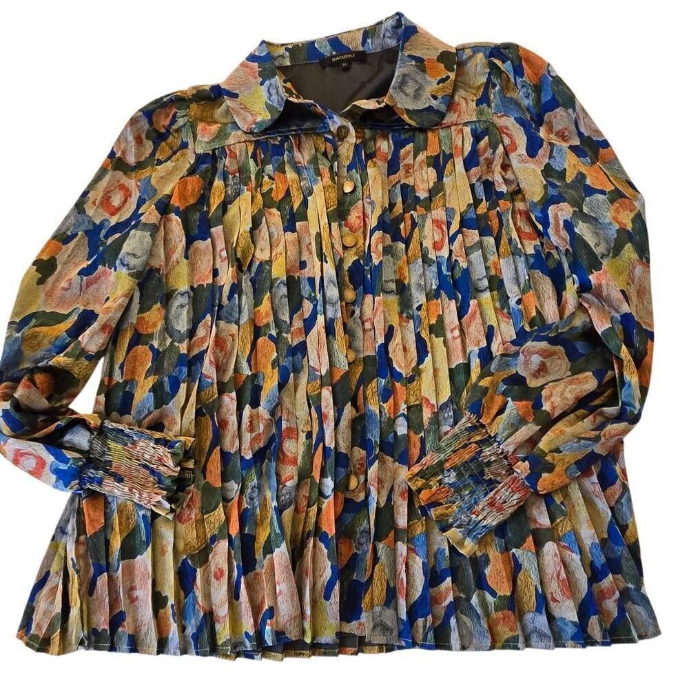 Radzoli Women's Artsy Multi-Print Pleated Button Front Blouse Blue Green Medium - Picture 4 of 12